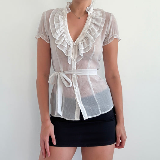 Y2K White & Silver Metallic Ruffle Blouse / SZ S