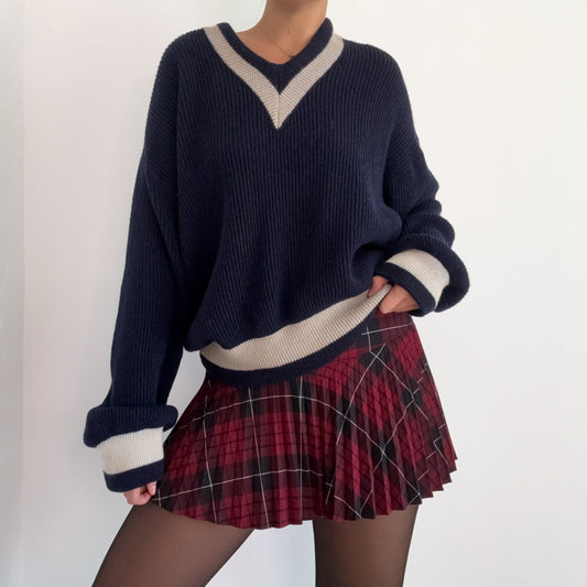 60's Navy Varsity Wool Knit Sweater / SZ L-XL