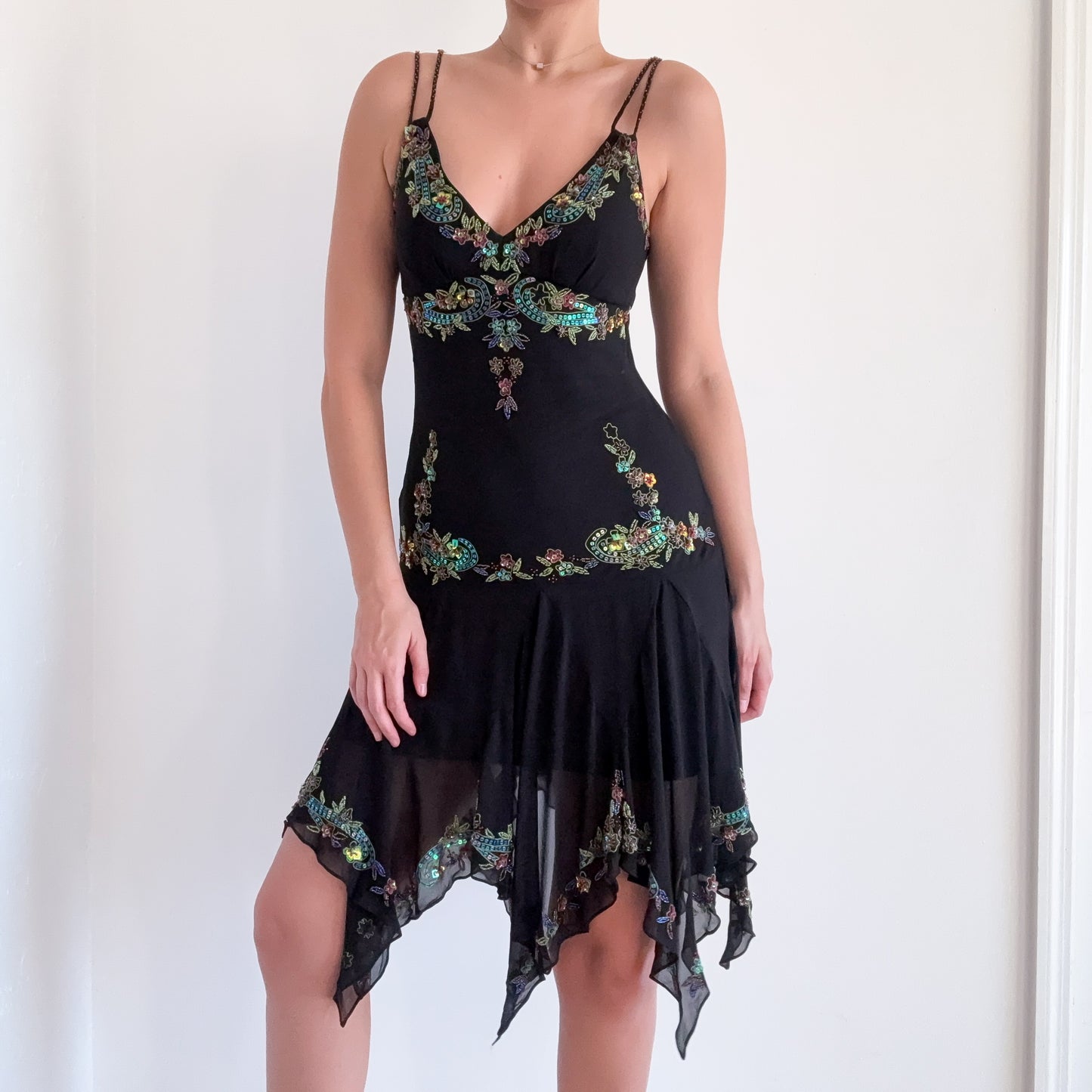 Y2K Cache Black Silk Beaded Fairy Dress. SZ 6