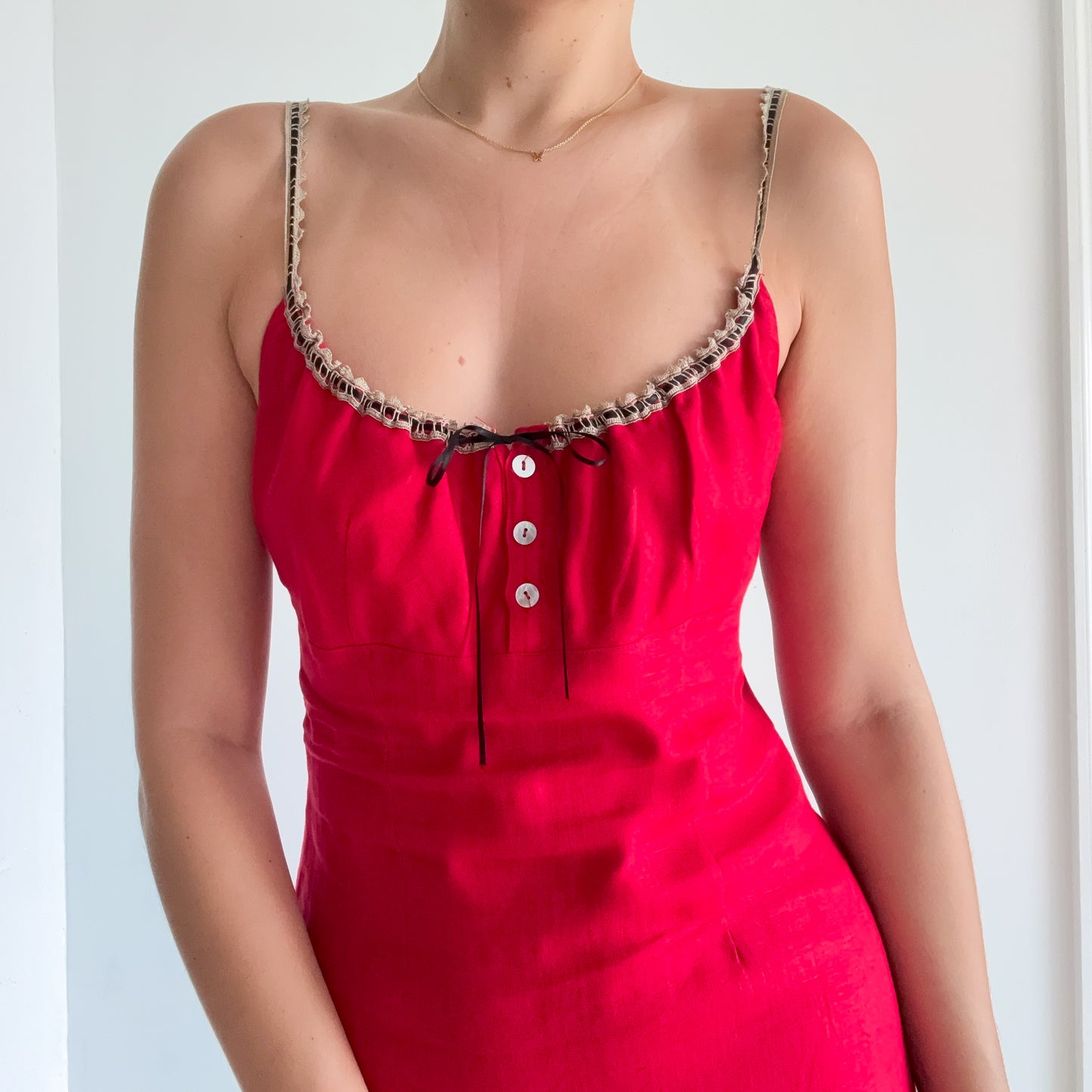 Y2K Red Linen Sweetheart Dress / SZ M