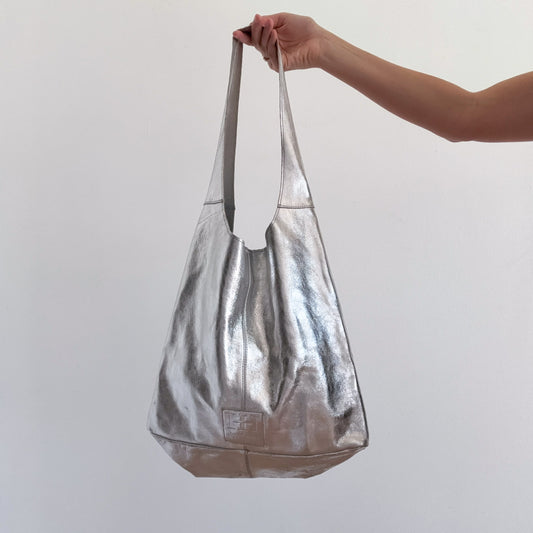 Y2K Silver Metallic Leather Hobo Bag