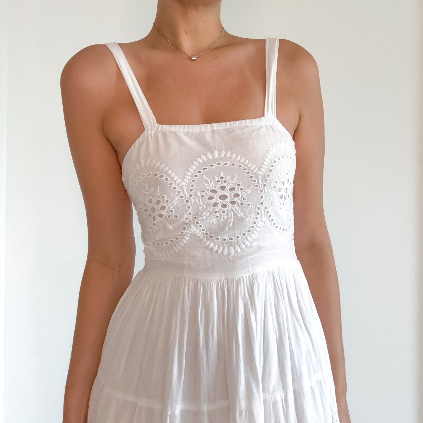 Y2K White Cotton Eyelet Maxi Sundress / SZ M