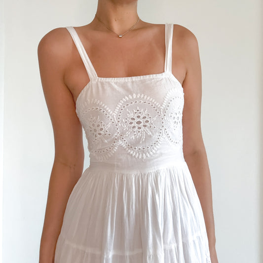 Y2K White Cotton Eyelet Maxi Sundress / SZ M
