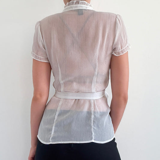 Y2K White & Silver Metallic Ruffle Blouse / SZ S