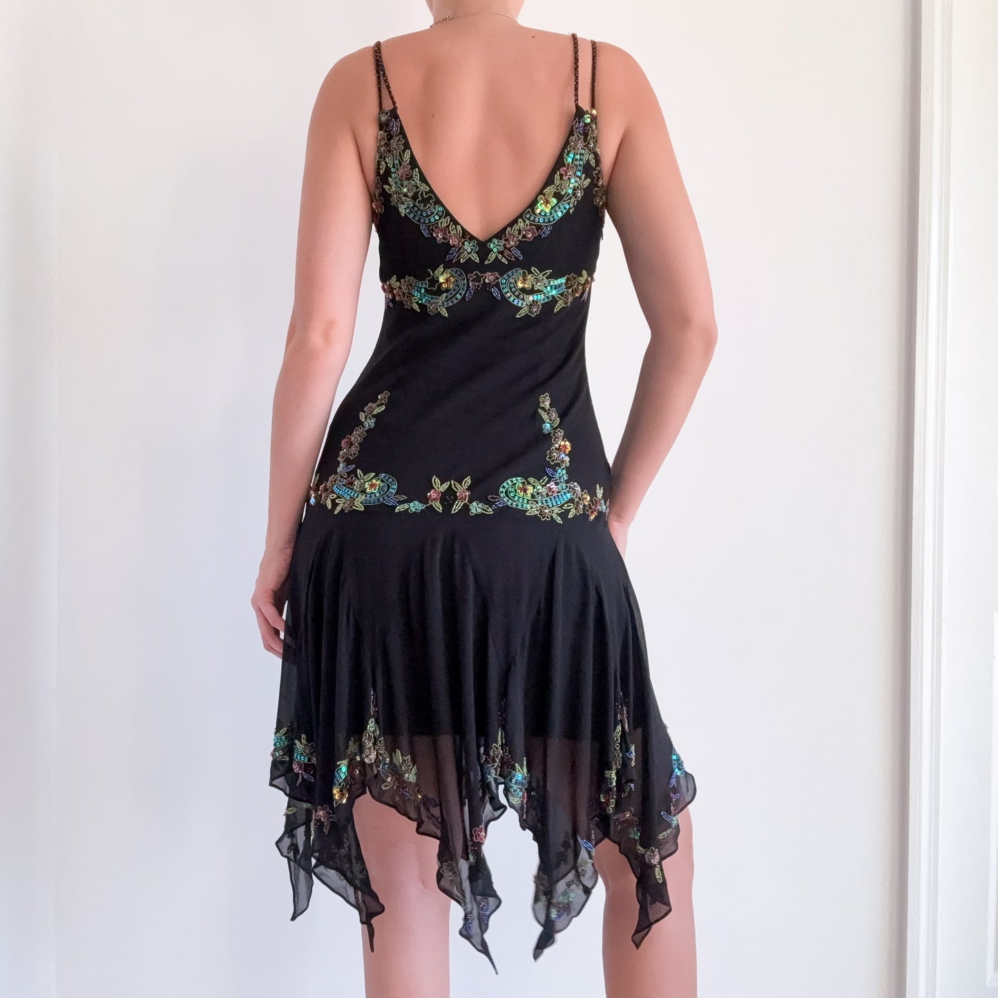 Y2K Cache Black Silk Beaded Fairy Dress. SZ 6