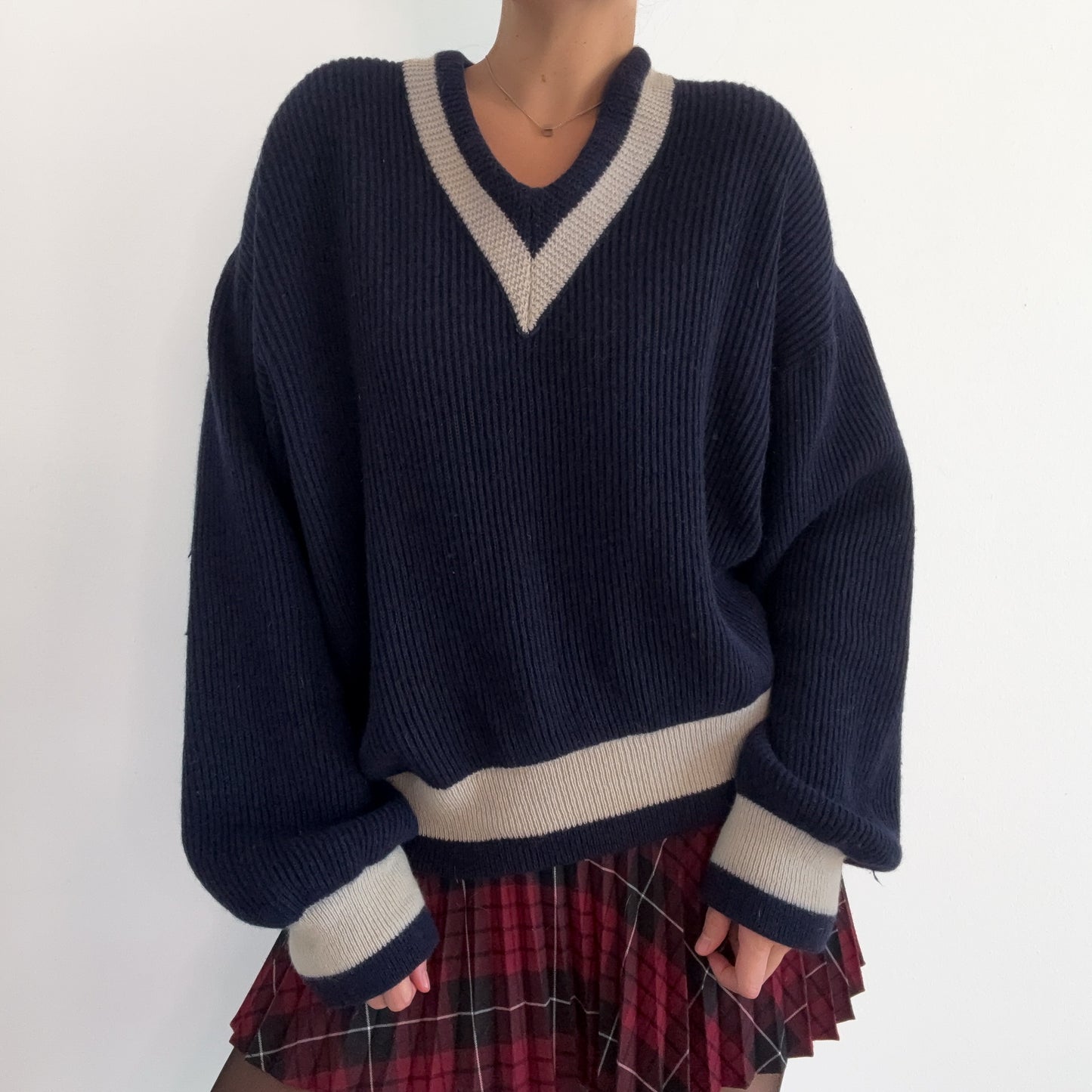 60's Navy Varsity Wool Knit Sweater / SZ L-XL