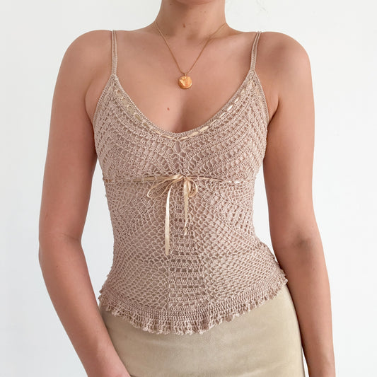 Y2K Champagne Crochet Bow Tank / SZ XS-S