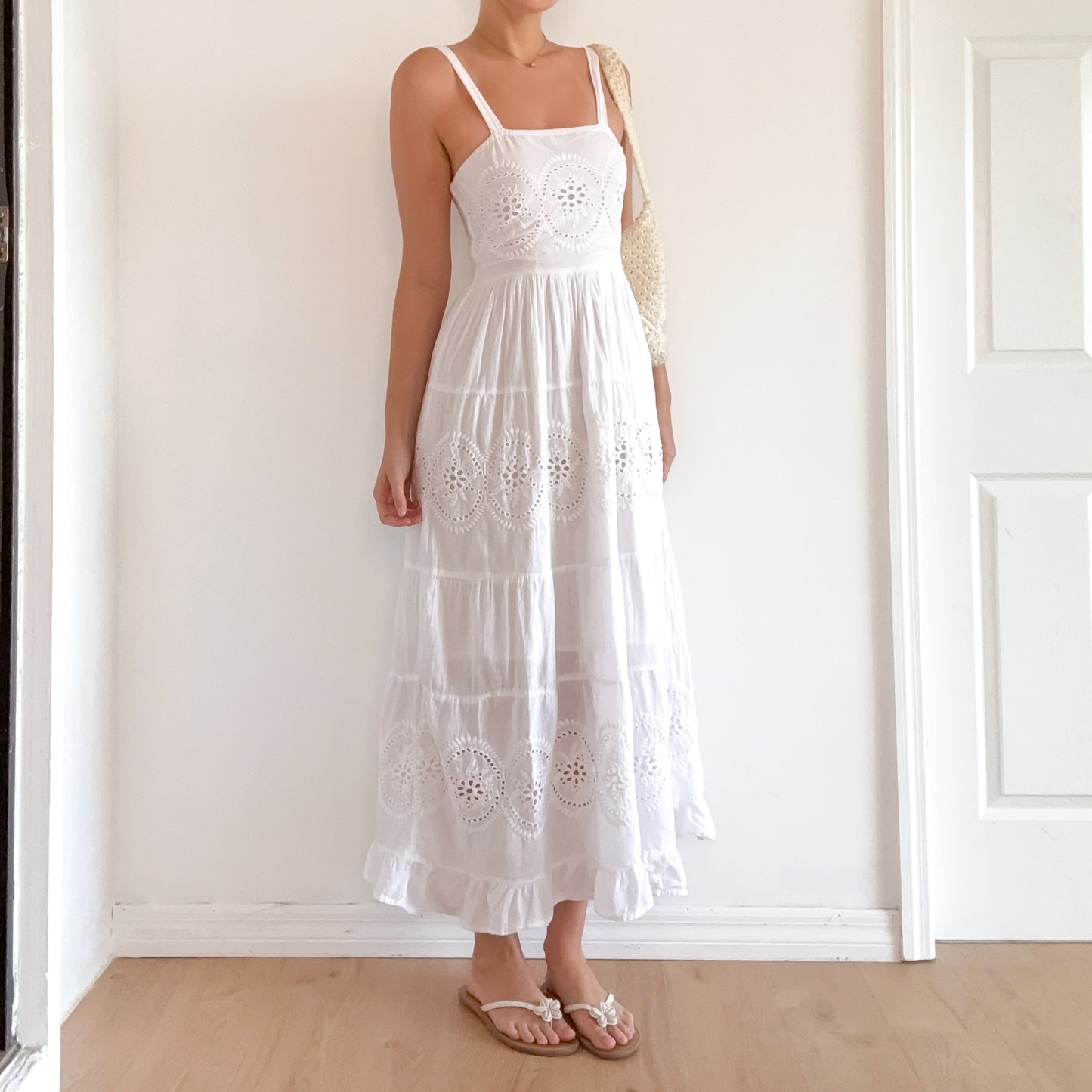 Y2K White Cotton Eyelet Maxi Sundress / SZ M
