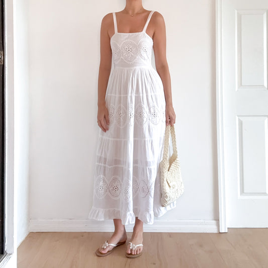 Y2K White Cotton Eyelet Maxi Sundress / SZ M