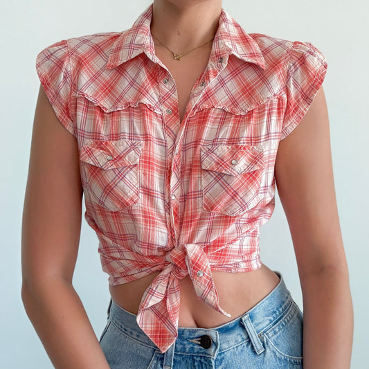 Y2K Mudd Coral Plaid Western Blouse / SZ M/L