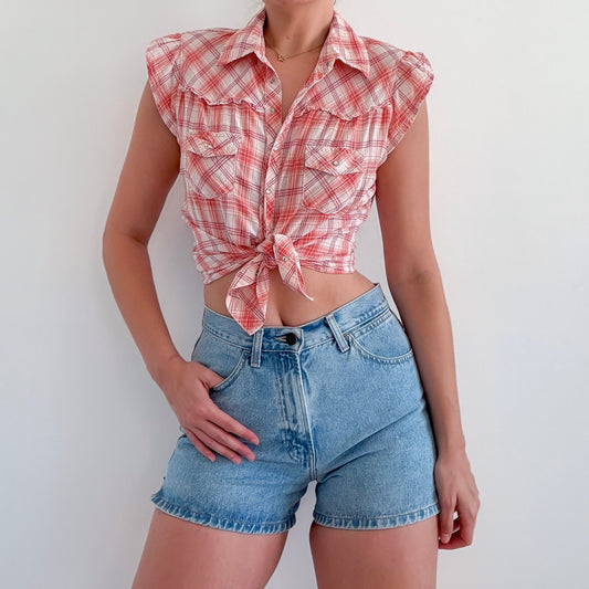 Y2K Mudd Coral Plaid Western Blouse / SZ M/L