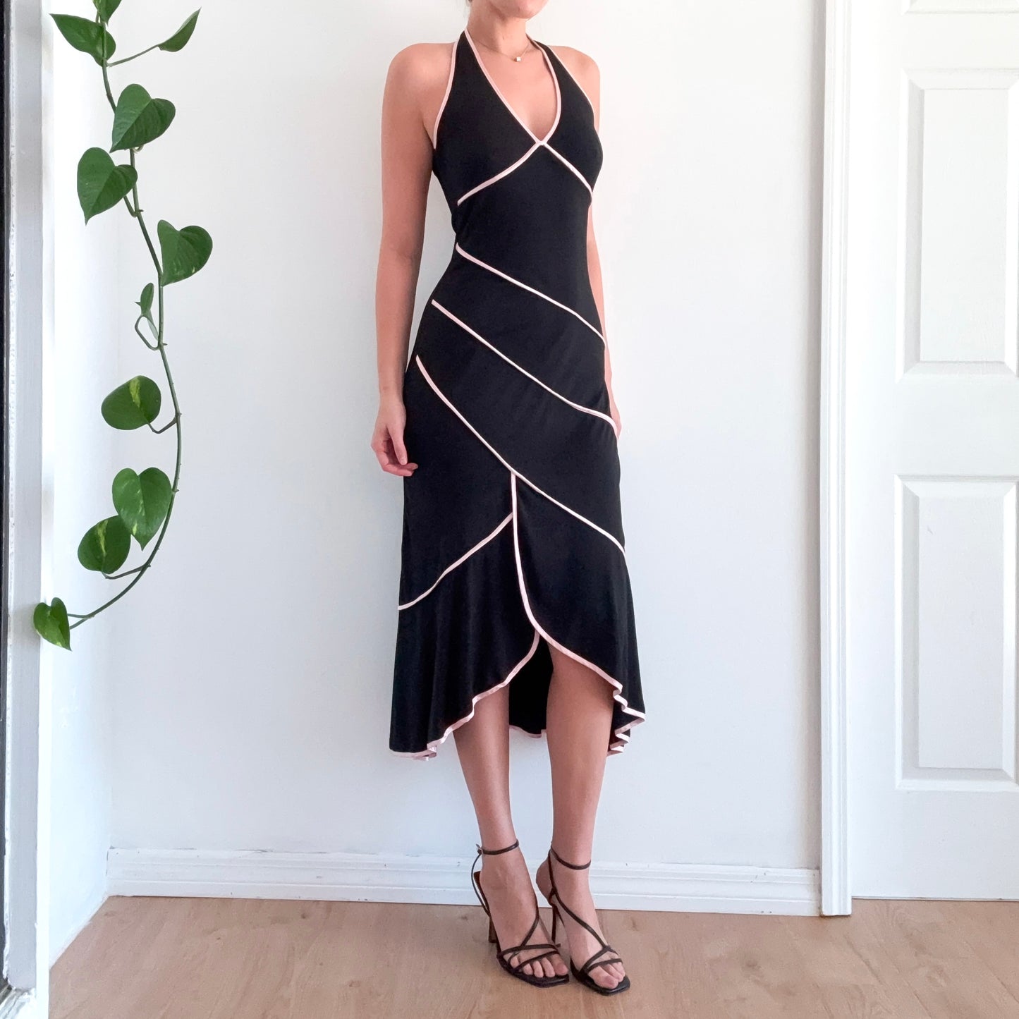 Y2K Black & Baby Pink Trim Halter Dress / SZ M