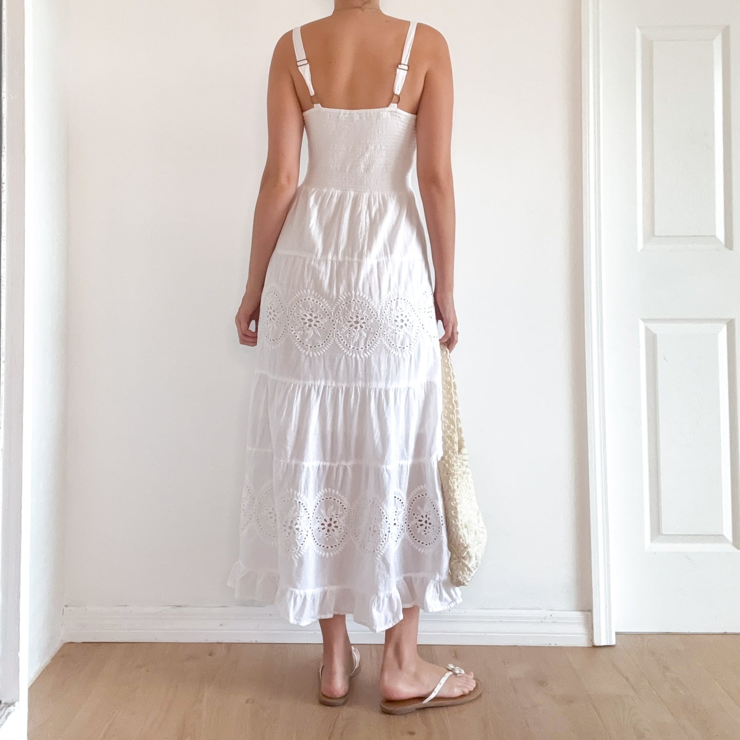 Y2K White Cotton Eyelet Maxi Sundress / SZ M