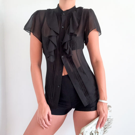Norma Kamali Black Chiffon Ruffle Blouse / SZ S
