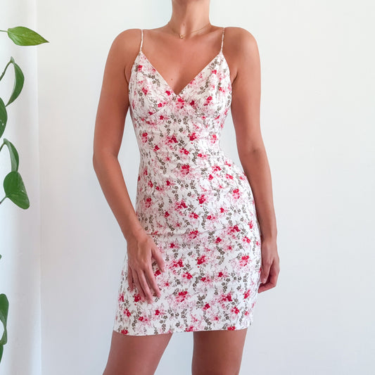 Y2K White & Pink Floral Mini Dress / SZ S-M