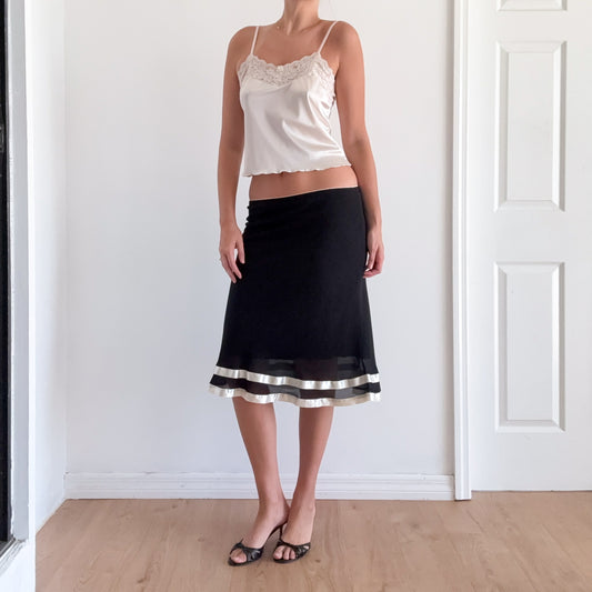 Y2K Black & Ivory Ribbon Hem Midi Skirt / SZ S-M