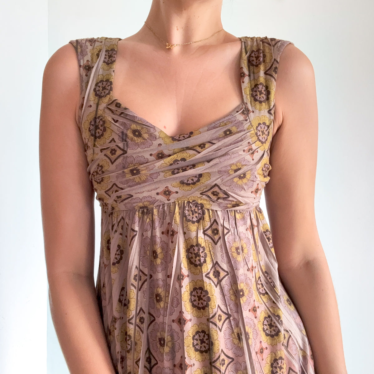Y2K Light Brown Printed Babydoll Mini Dress / SZ XS/S