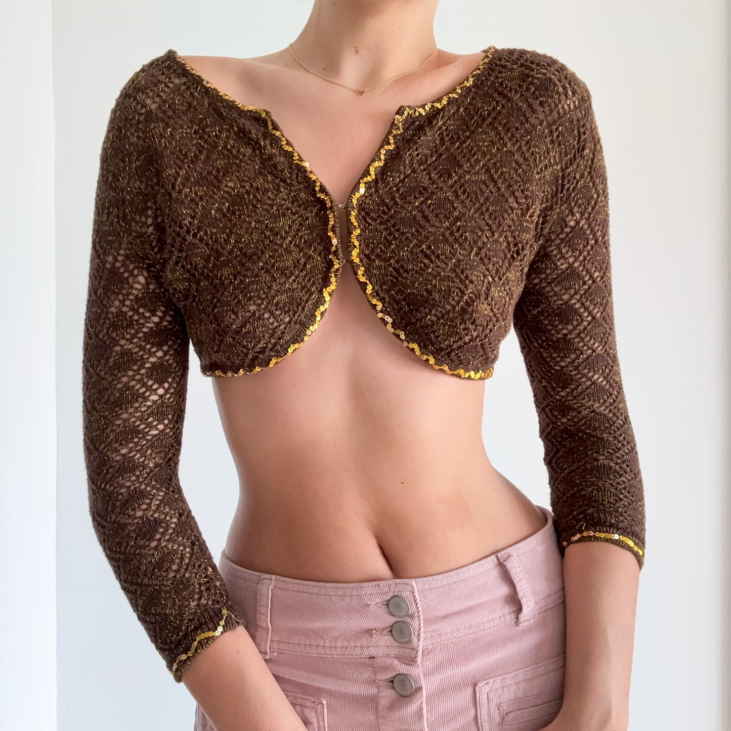 Y2K Brown Knit Gold Sequin Shrug / SZ XS