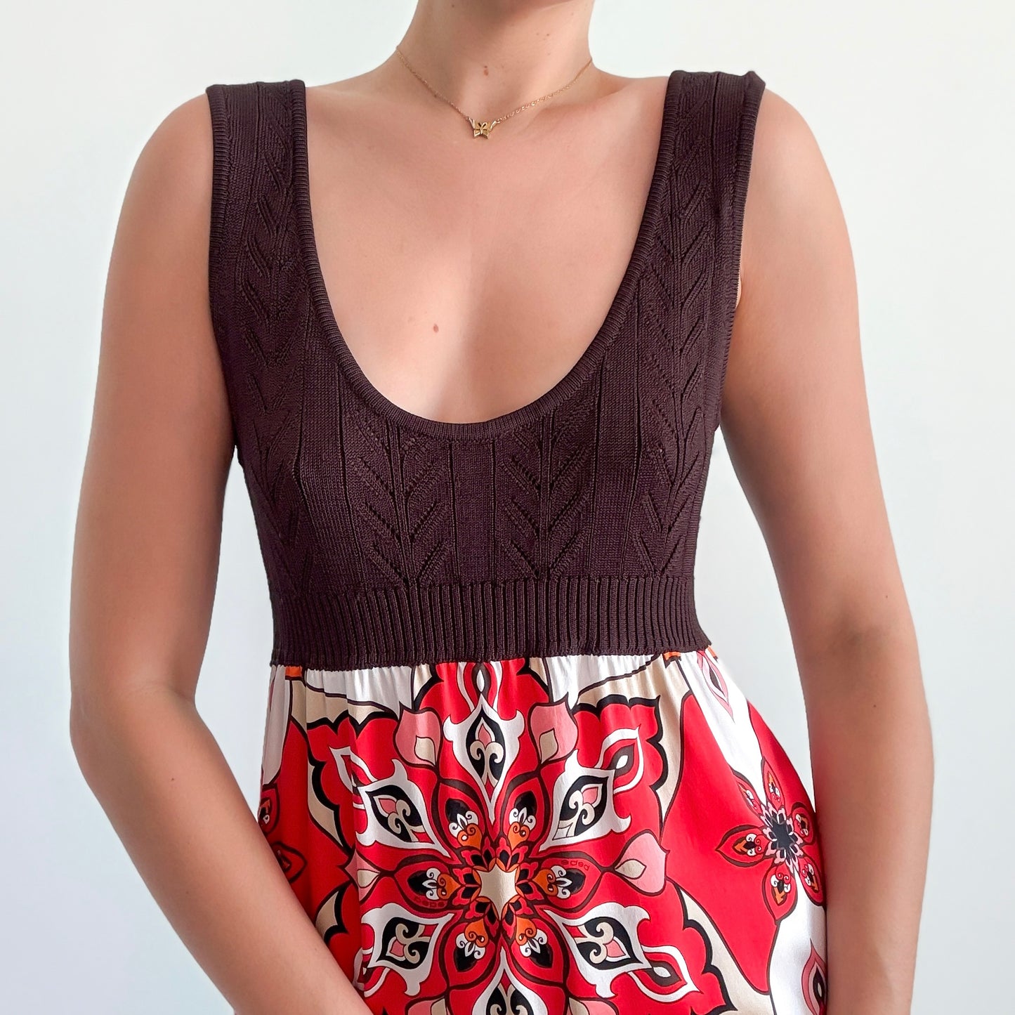 Y2K Bebe Brown & Red Silk Groovy Mini Dress / SZ L