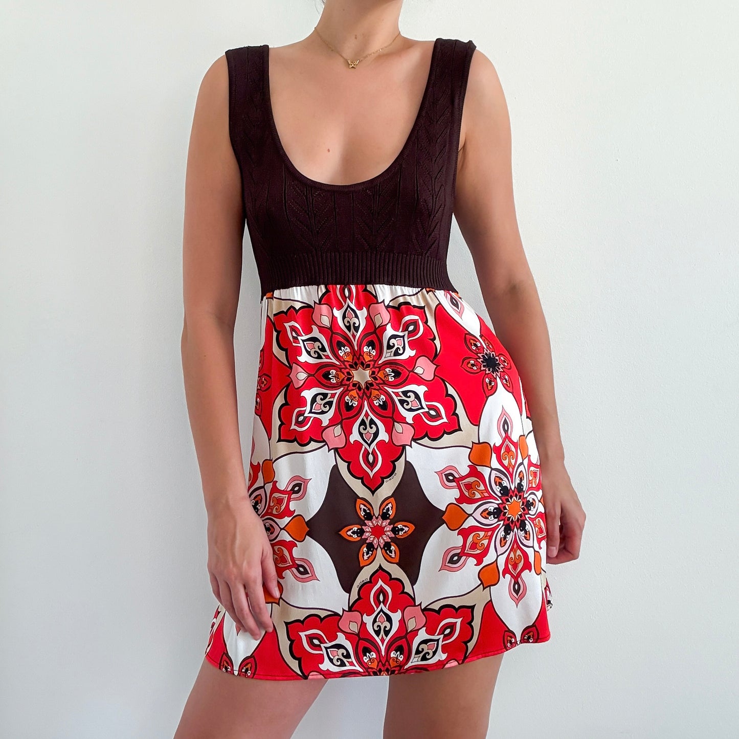 Y2K Bebe Brown & Red Silk Groovy Mini Dress / SZ L