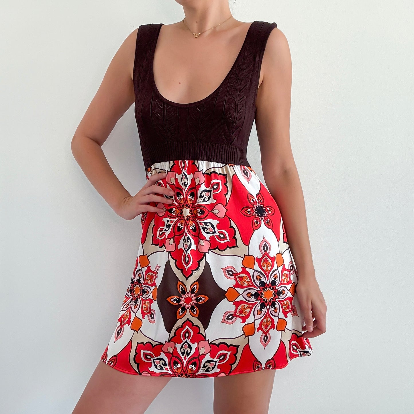 Y2K Bebe Brown & Red Silk Groovy Mini Dress / SZ L