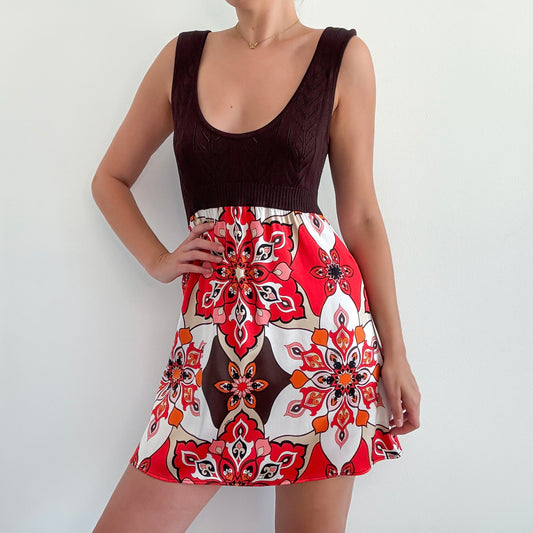 Y2K Bebe Brown & Red Silk Groovy Mini Dress / SZ L