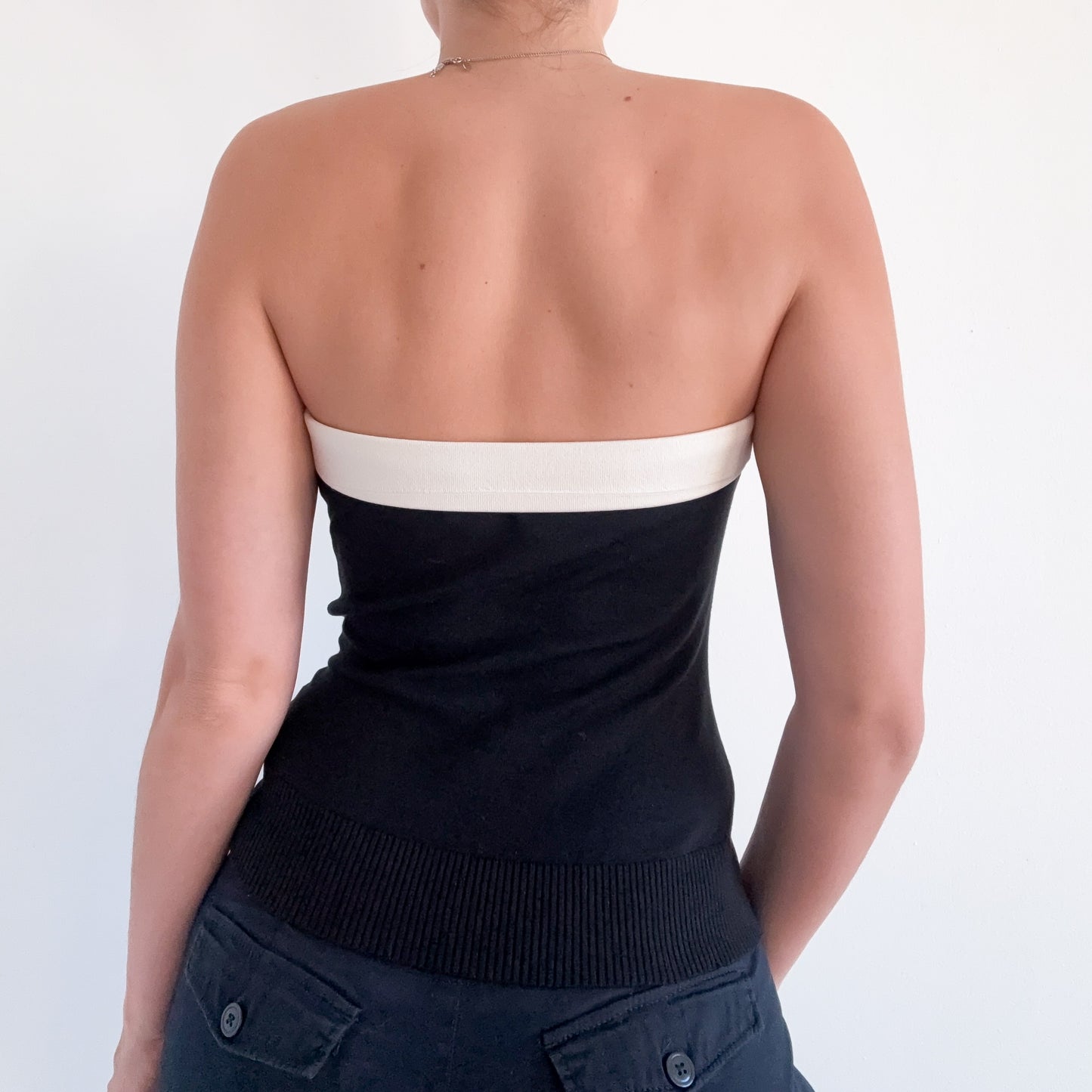 Y2K Black & Cream Knit Bow Tube Top / SZ M