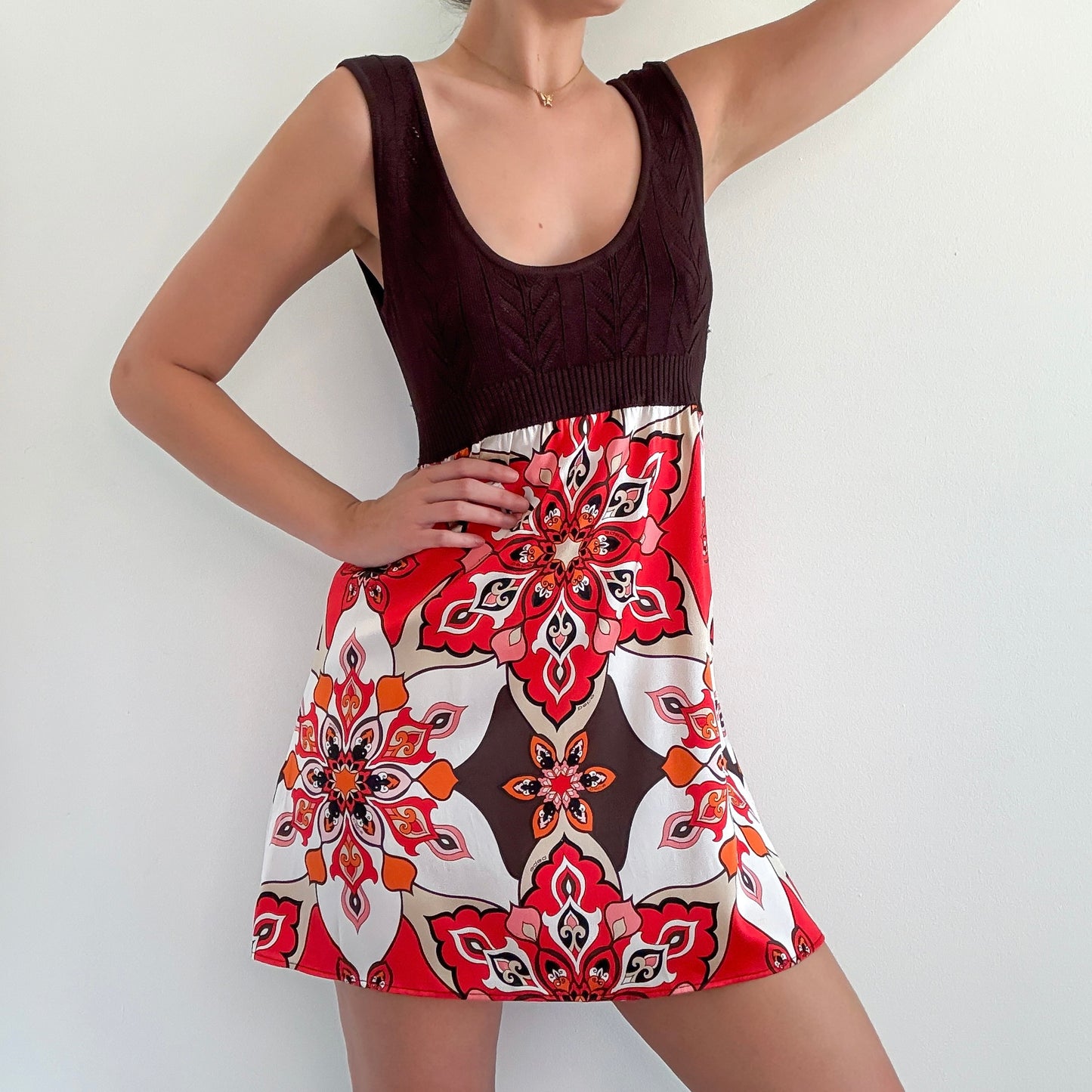 Y2K Bebe Brown & Red Silk Groovy Mini Dress / SZ L