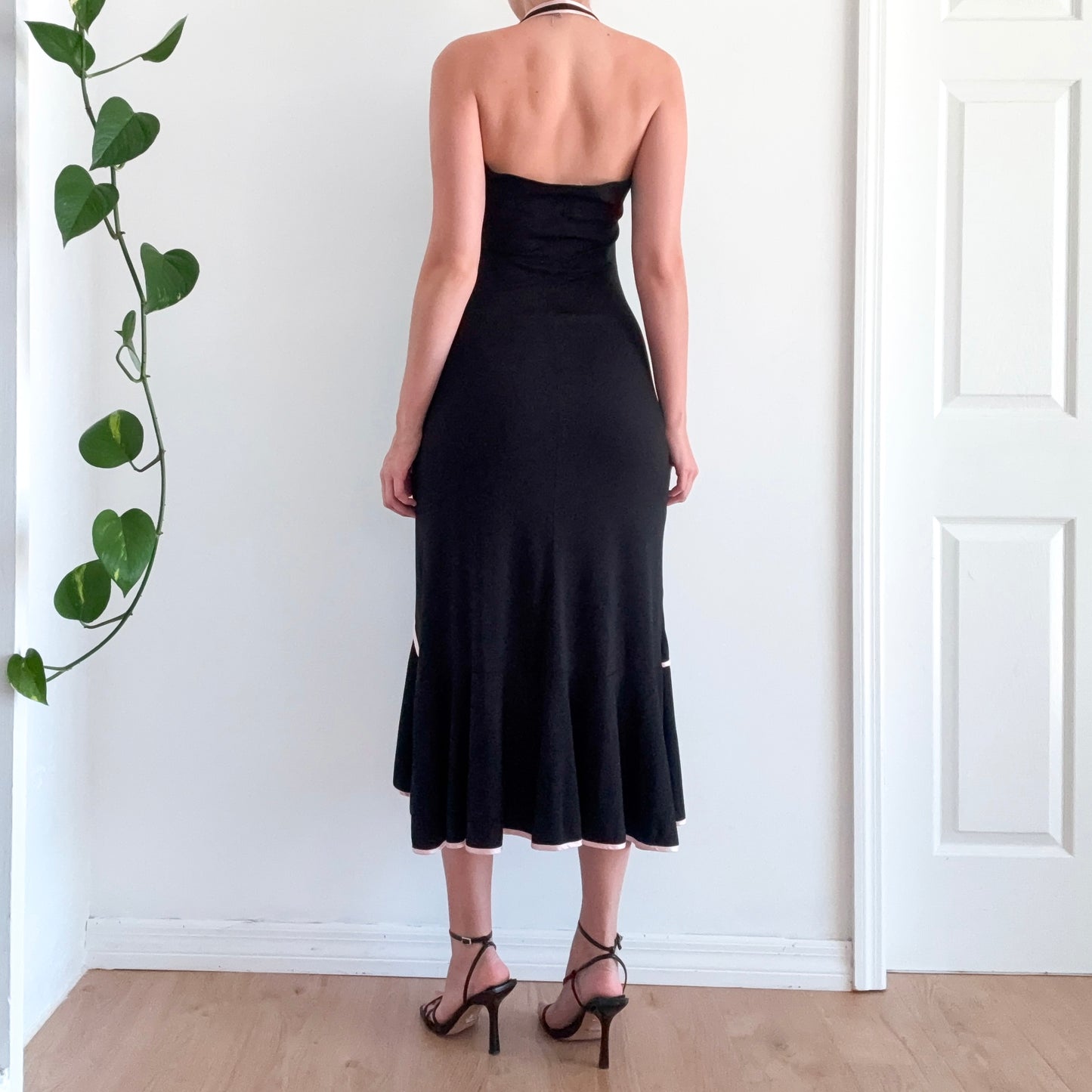 Y2K Black & Baby Pink Trim Halter Dress / SZ M