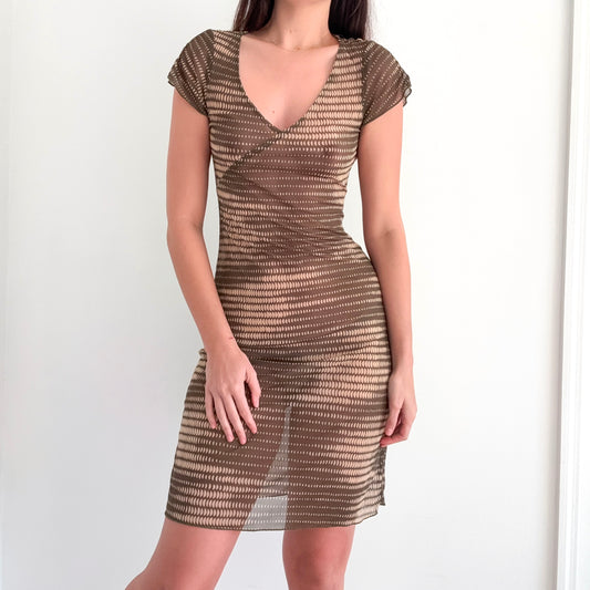 Y2K Olive Printed Mesh Midi Dress / SZ S