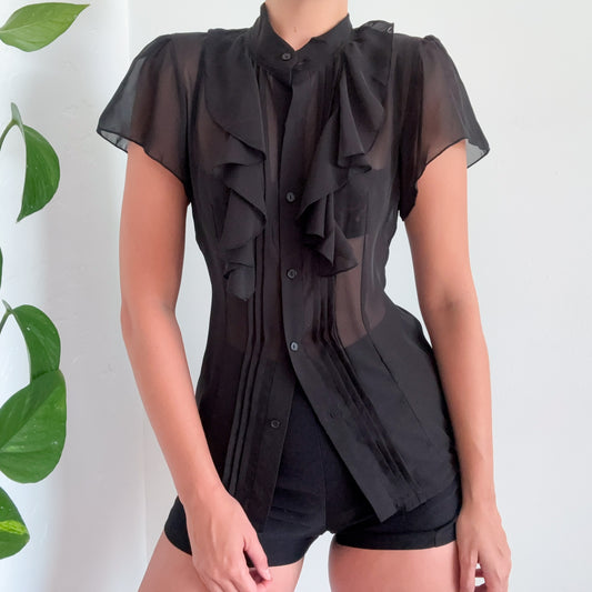Norma Kamali Black Chiffon Ruffle Blouse / SZ S