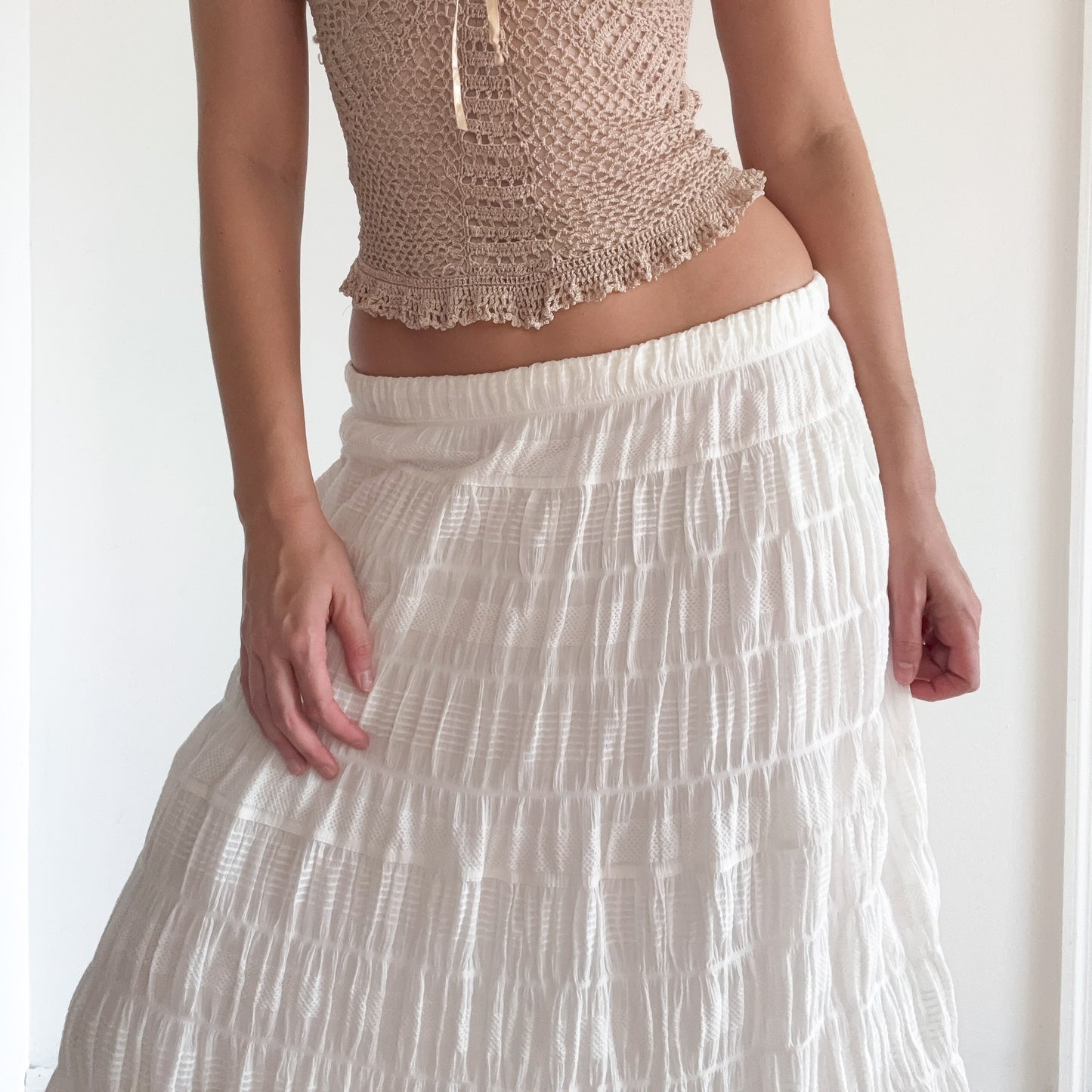 Y2K White Cotton Smocked Maxi Skirt / SZ M-L