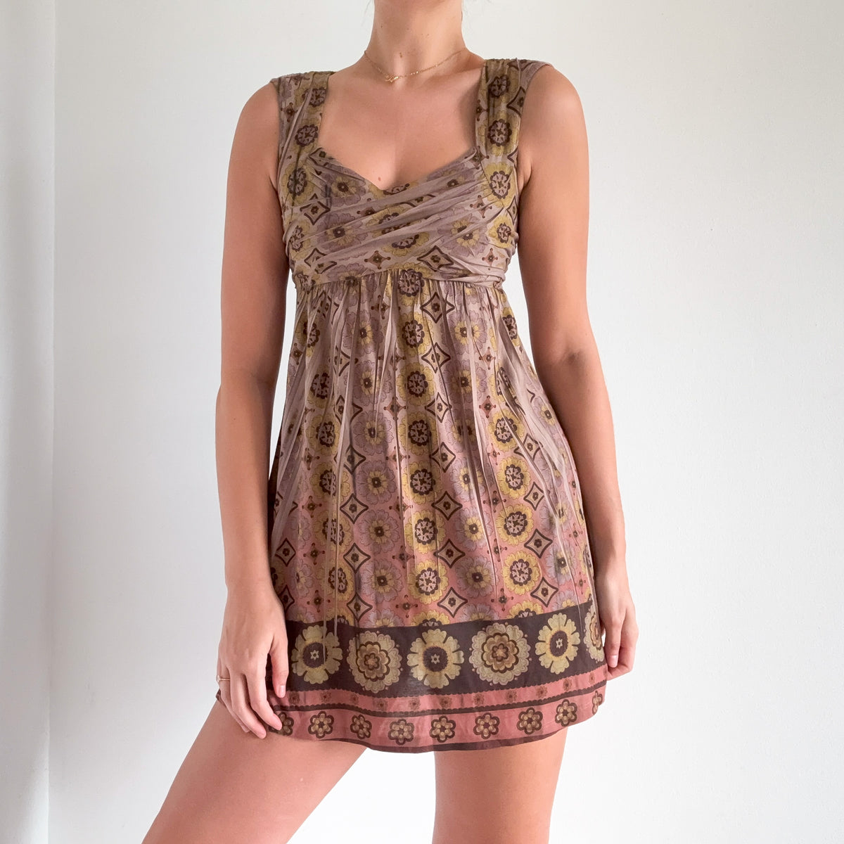Y2K Light Brown Printed Babydoll Mini Dress / SZ XS/S