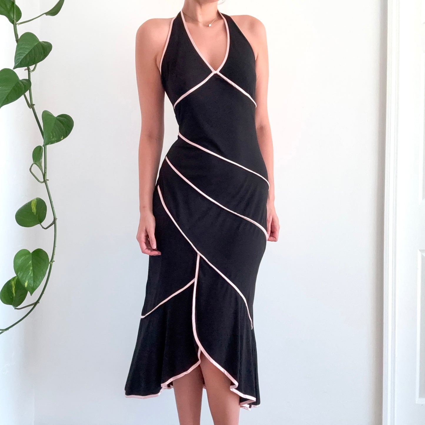 Y2K Black & Baby Pink Trim Halter Dress / SZ M