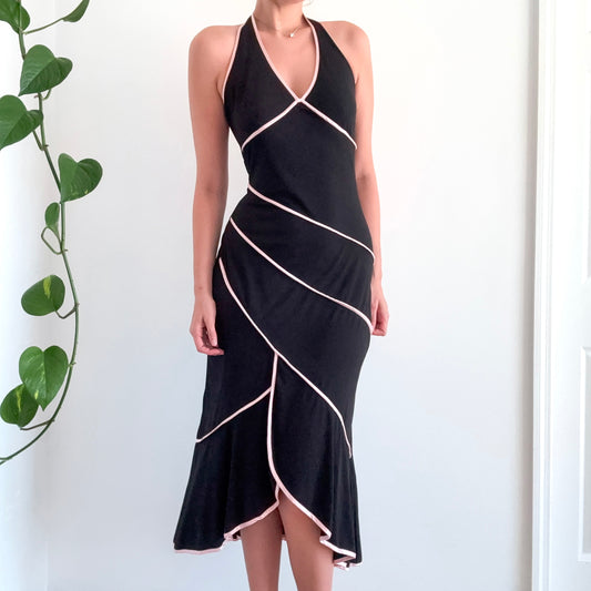 Y2K Black & Baby Pink Trim Halter Dress / SZ M