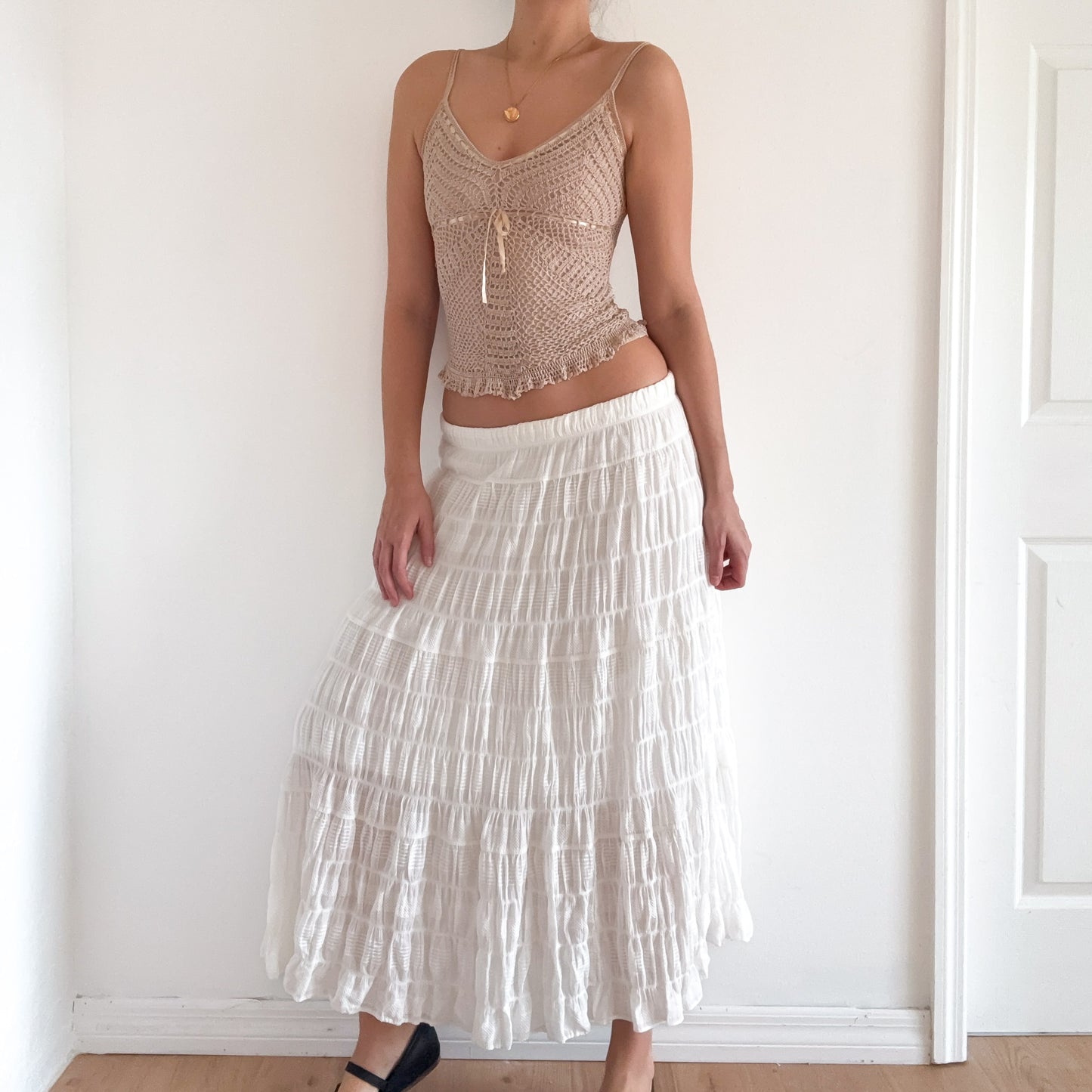 Y2K White Cotton Smocked Maxi Skirt / SZ M-L