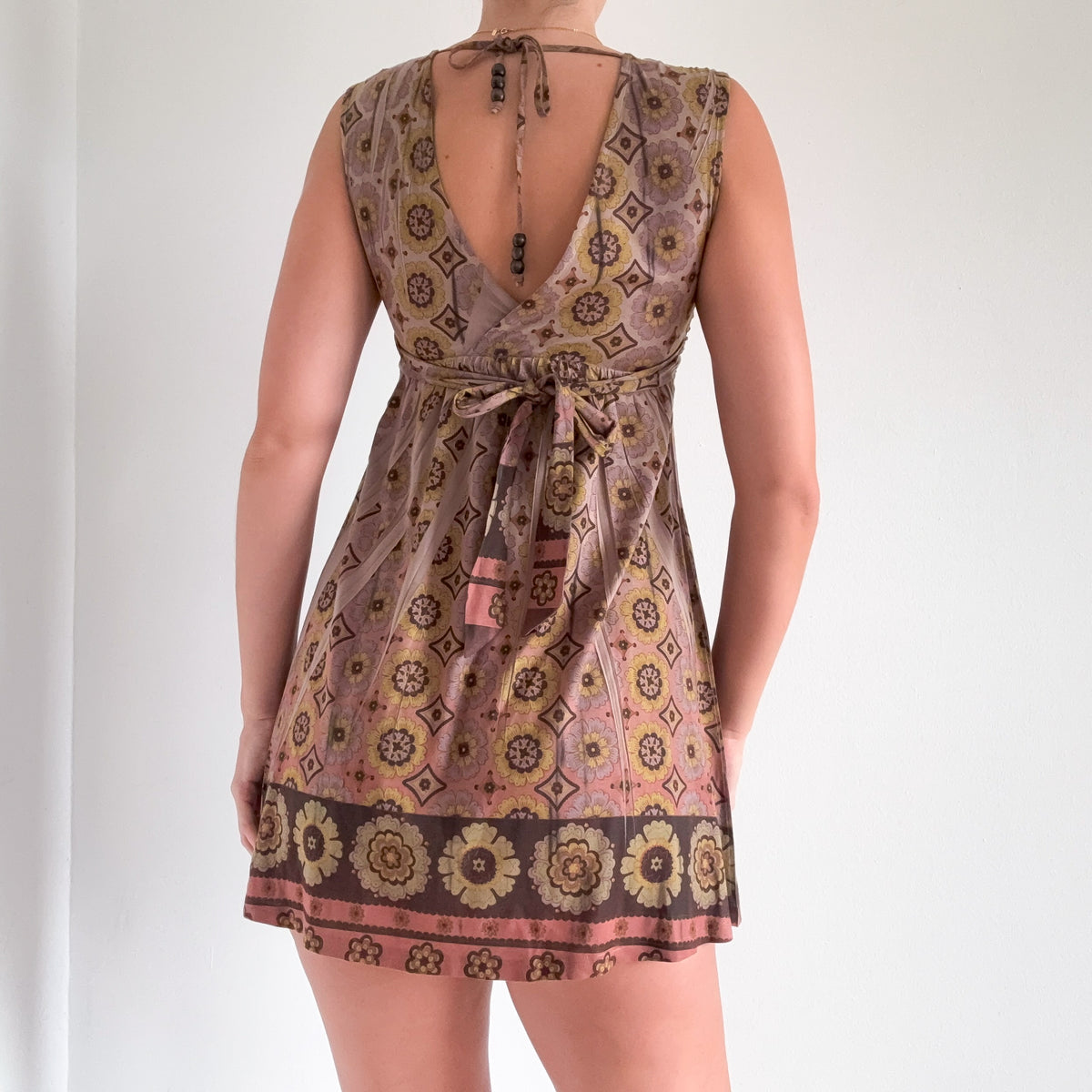 Y2K Light Brown Printed Babydoll Mini Dress / SZ XS/S