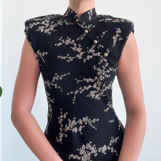 90's Black & Cream Floral Mandarin Collar Dress / SZ M