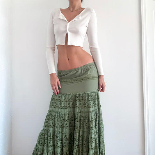 Y2K Fern Green Cotton Eyelet Maxi Skirt / SZ M
