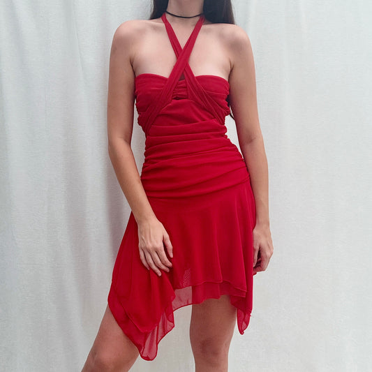 Y2K Red Ruched Mesh Fairy Dress / SZ M