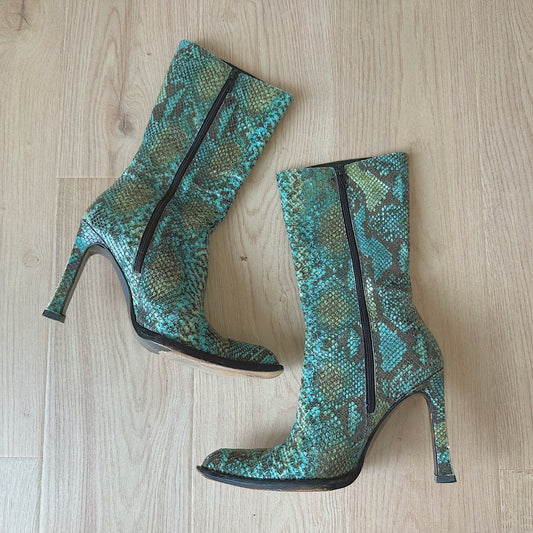 Y2K Italian Turquoise Snakeskin Heeled Boots / SZ 37