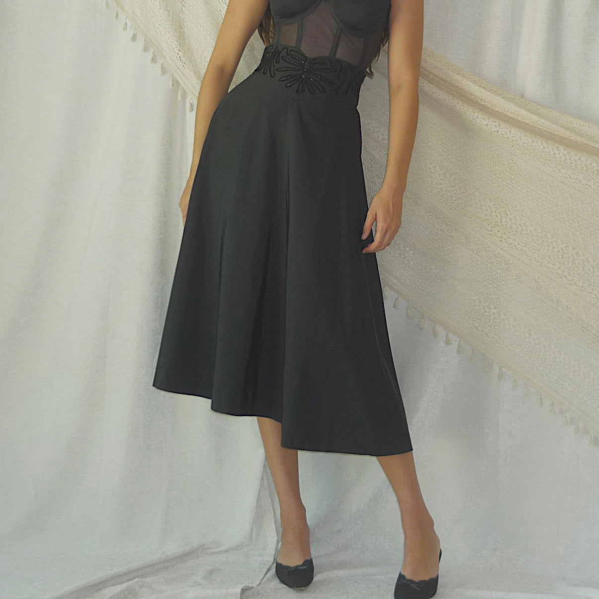 80's Black High Waist Fancy Skirt / SZ 2