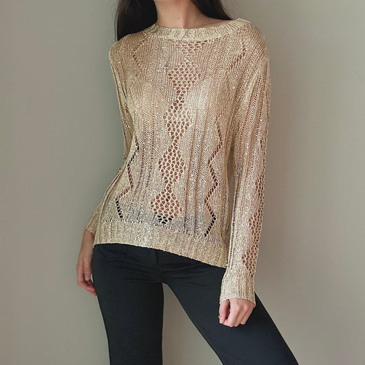 90's Gold Sequin Knit Sweater / SZ S-L