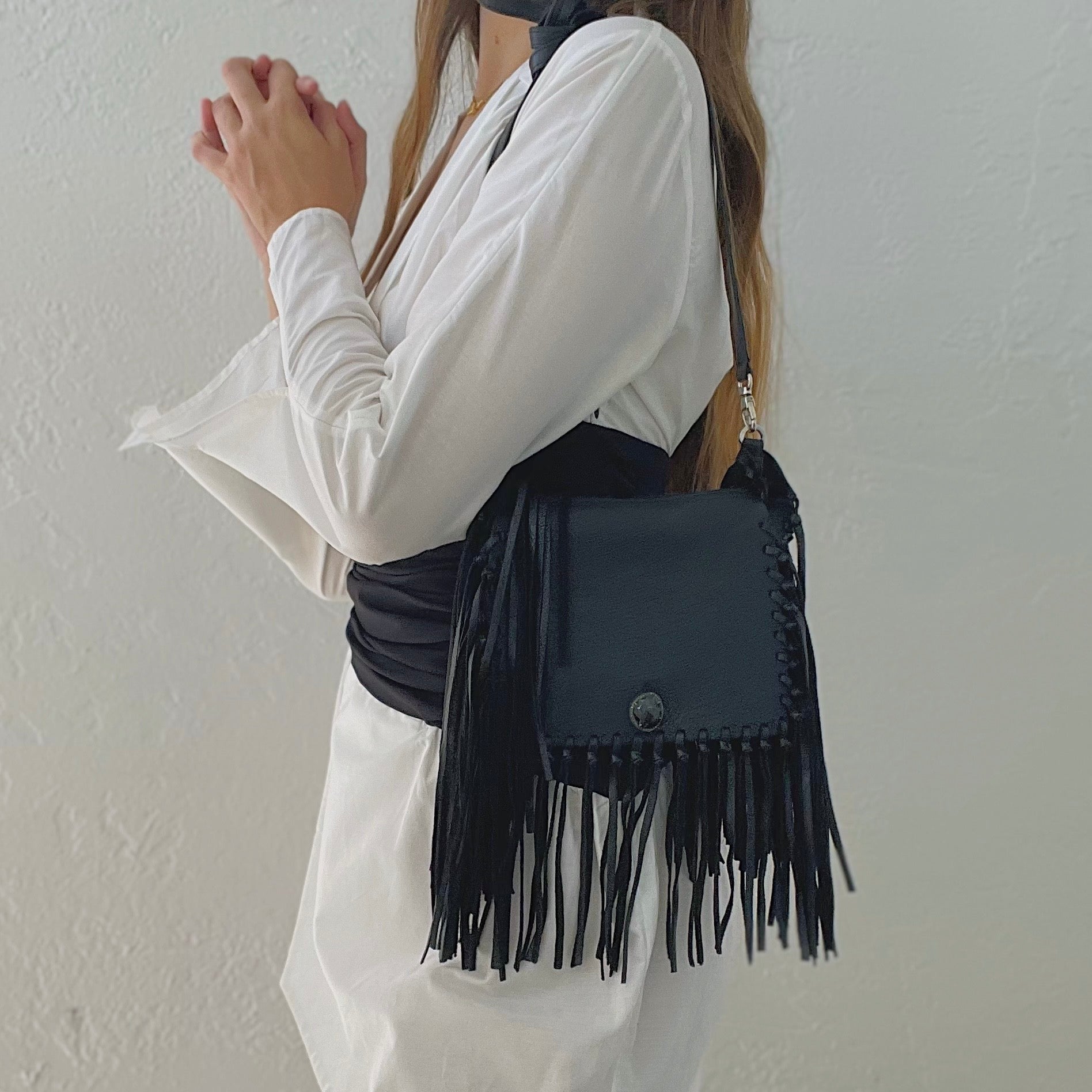 Black leather cheap fringe bag