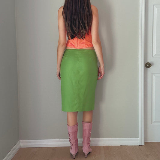 Y2K Green Silk Midi Skirt / SZ 6