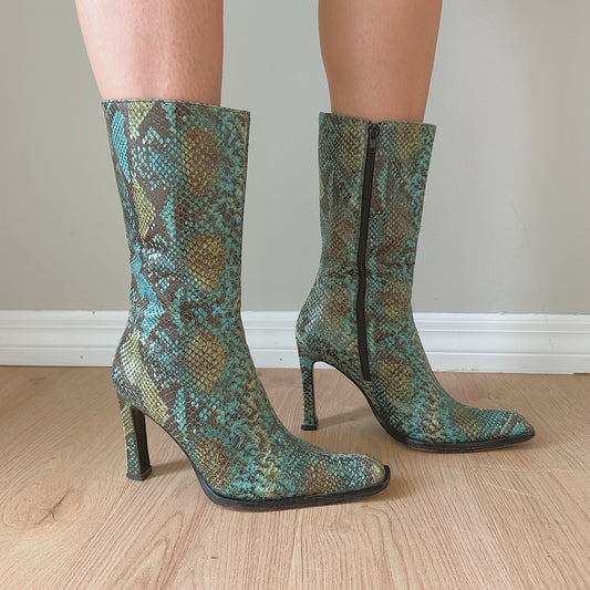 Y2K Italian Turquoise Snakeskin Heeled Boots / SZ 37