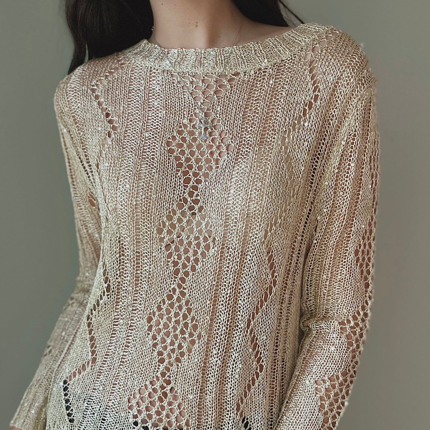 90's Gold Sequin Knit Sweater / SZ S-L